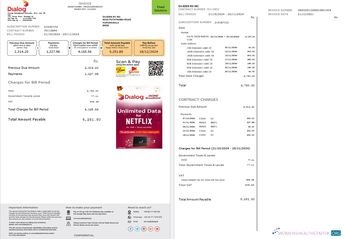 Sri Lanka Dialog business utility bill template in Word and PDF formats, 2 pages